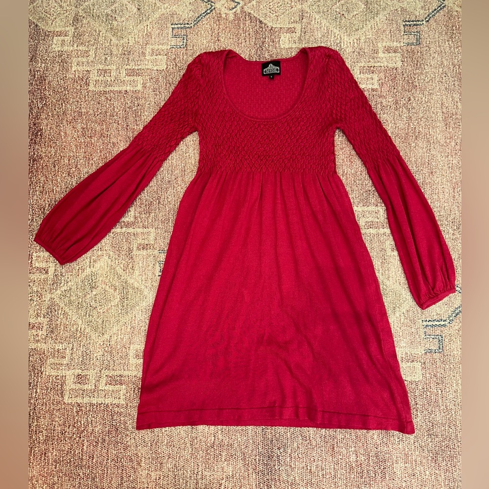 Angie ruched peasant sleeve scoop neck fuchsia midi sweater dress small